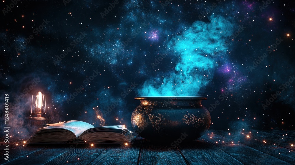 Aufkleber Mystical Cauldron Scene With Book and Lamp Underneath Stars