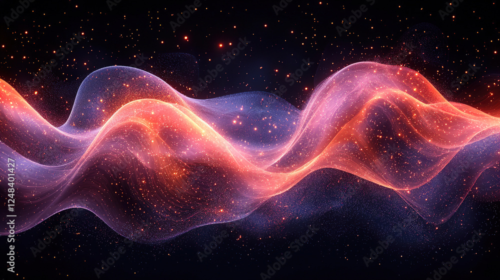 Poster colorful abstract wave patterns swirl in a cosmic landscape filled with stars and vibrant hues durin