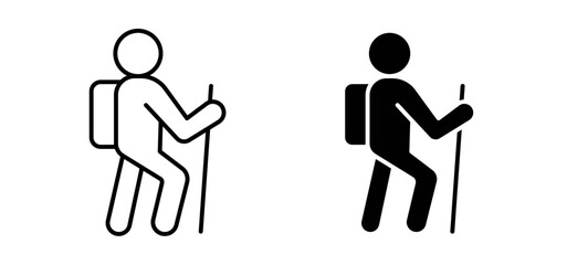 Hiking icons pack vectors in black flat and strokes