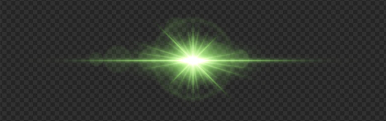 Green light flare with a bright glow and lens reflections on a transparent dark background. Radiating beams and a horizontal streak create a futuristic illumination effect