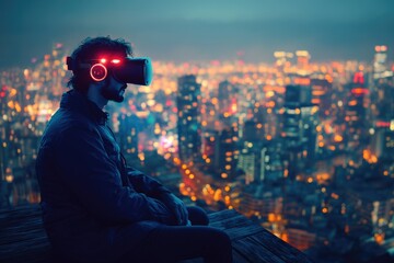 A person wearing a VR headset sits on a rooftop overlooking a vibrant, blurred cityscape at night.