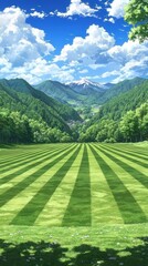 Mountain valley with striped lawn, sunny day, nature scene, background for design