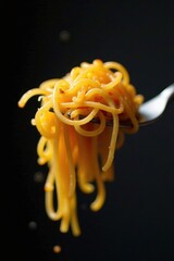 Tangled spaghetti strands on a fork, close-up view, texture, delicious pasta, carb