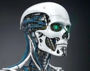 Futuristic Robot Head with Detailed Internal Components and Lights