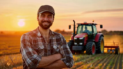 happy male farmer on the background of field and tractor