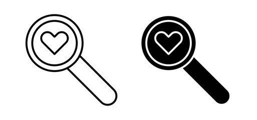 Search heart icons pack vectors in black flat and strokes