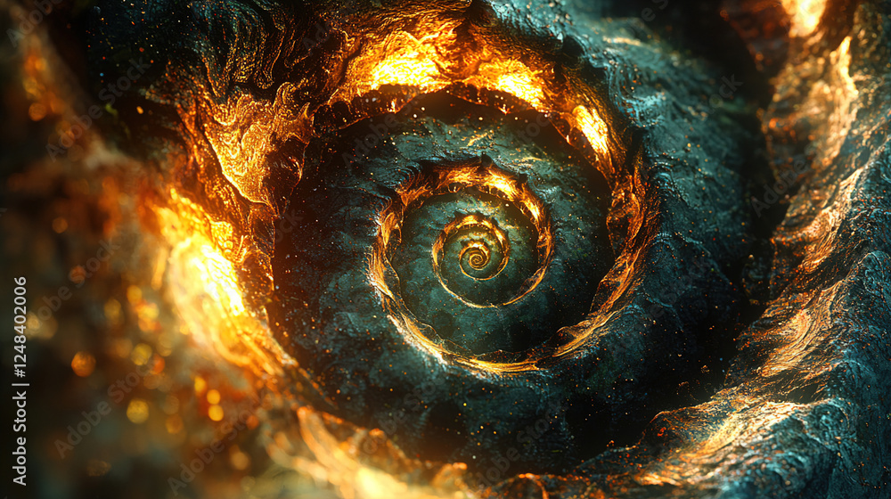 Poster swirling cosmic patterns illuminate a vibrant, fiery spiral in deep space. generative ai