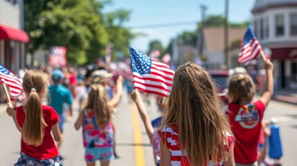 Children Waving American Flags in Street Parade
