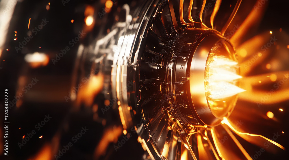 Poster close up of futuristic jet engine with glowing elements and sparks. intricate design showcases advan