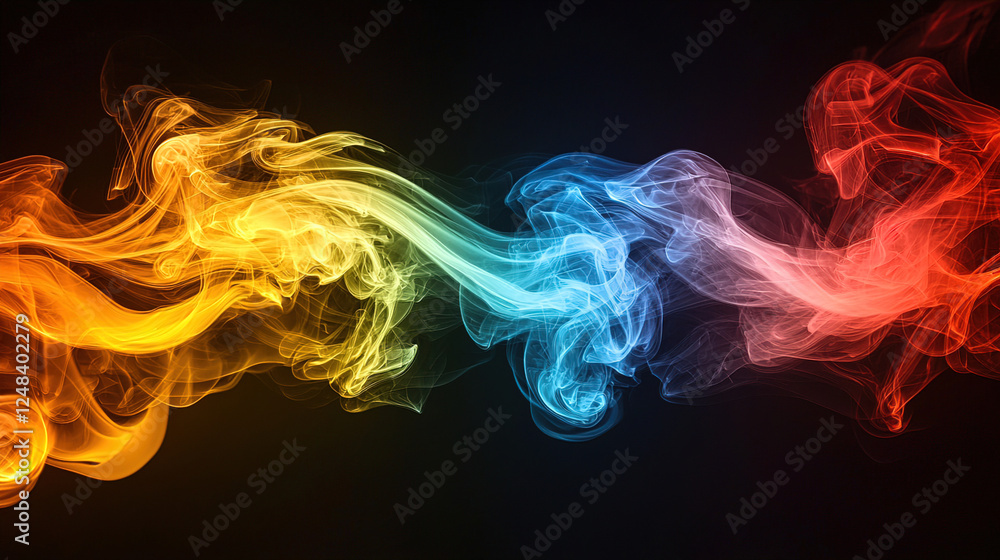 Poster colorful smoke swirls create an ethereal display in high contrast against a dark background. generat