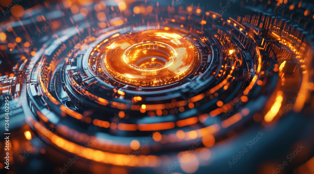 Poster futuristic abstract design with glowing orange circles and patterns