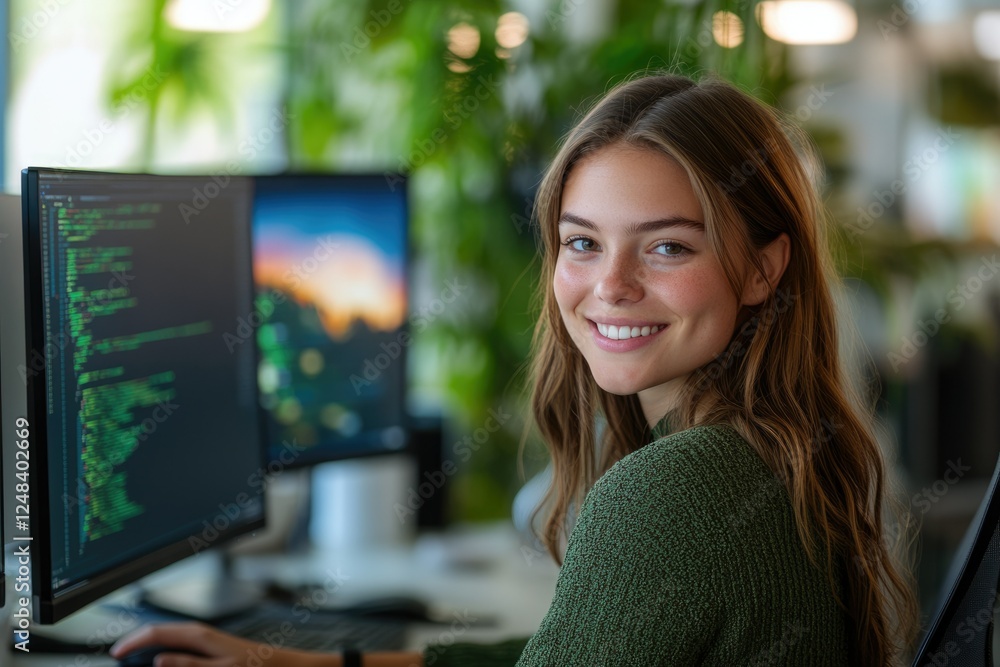 Aufkleber a young woman smiles while coding at her computer in a modern office setting.