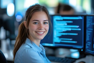 A smiling young woman programmer works diligently on her computer, showcasing her expertise in software development.