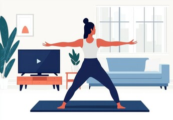 Naklejka premium Woman Practicing Yoga at Home in a Modern Living Room Setting