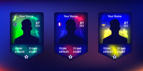 Futuristic football player card template with silhouette and glowing national flags. Digital collectible sports card design for fantasy soccer game