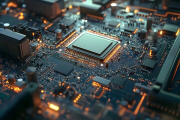 Obraz premium Illuminated CPU on motherboard, circuit detail, tech background, data processing