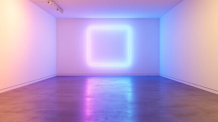 square neon light with a blue and purple glow on the white wall