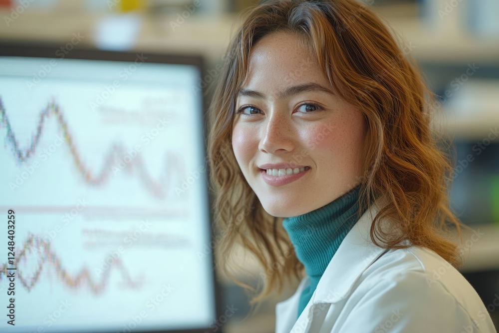 Aufkleber a smiling female scientist looks at data charts on a computer screen in a laboratory setting.