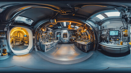 Obraz premium 360 degree panorama of modern futuristic technology station space ship sci-fi laboratory. 3d render illustration hdr hdri vr virtual reality environment map