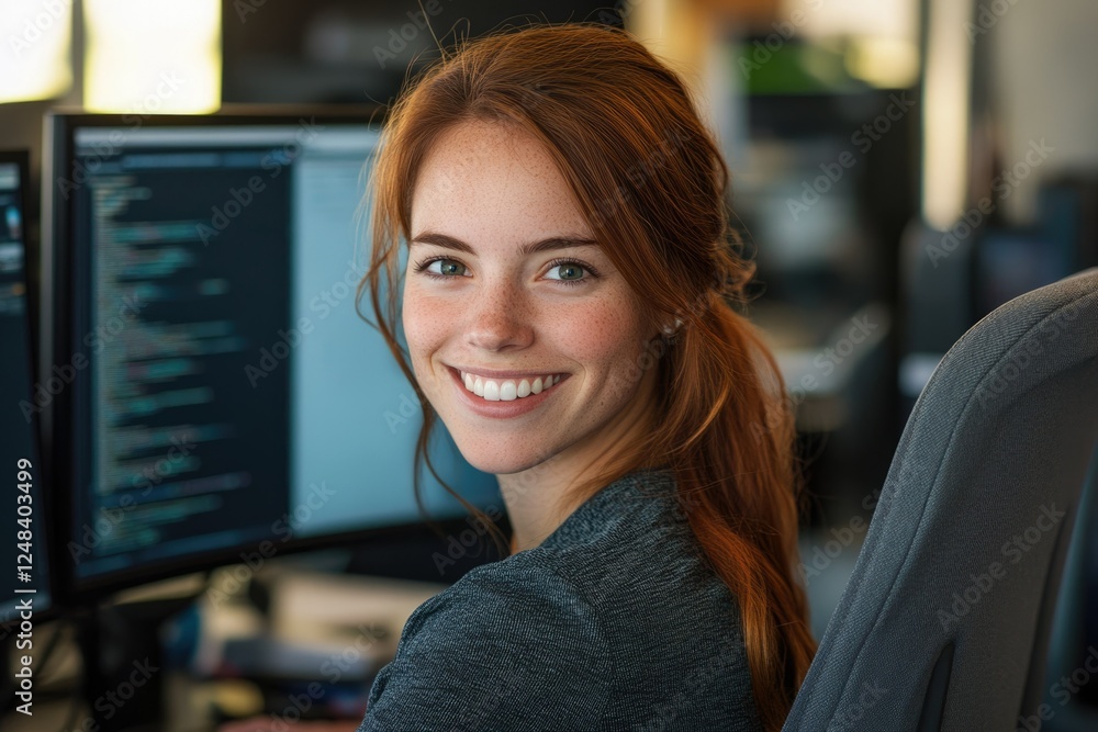 Aufkleber smiling redhead woman programmer sits before computer screens, showcasing success and technology.