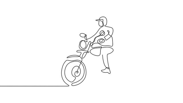 One continuous line drawing animation of a man riding old motorcycle. Young male wearing helmet and rides a chopper motor on the street. Retro motor bike concept. Vintage creative minimalist style.