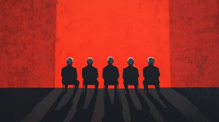 Silhouettes of Individuals Sitting Against a Vibrant Red Background