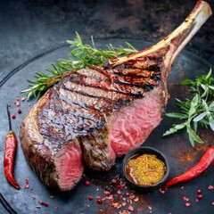 Grilled tomahawk steak with mustard and herbs