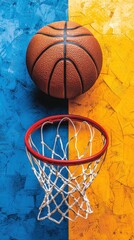 Basketball on court, top view, vertical shot.  Possible use Sports, education