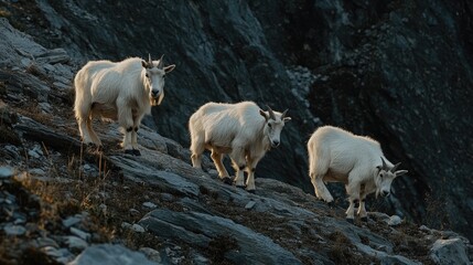 Obraz premium Three Mountain Goats Ascending Rocky Terrain