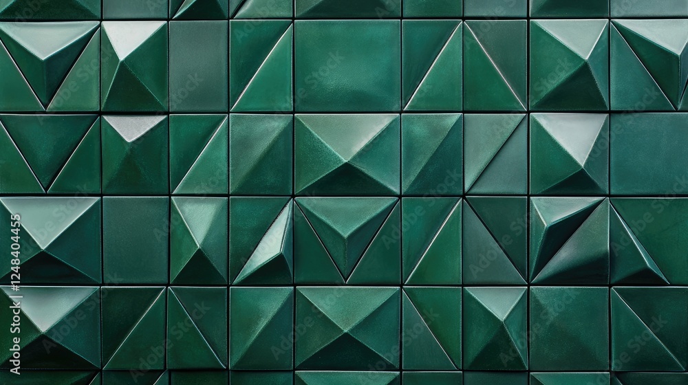 Poster textured dark green triangular mosaic tile background with geometric fluted triangle details, adding