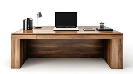 Modern wooden office desk with modern laptop computer mock up isolated on white background