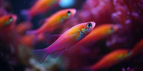 Obraz premium vibrant school of neon tetras swims in crystal clear stream