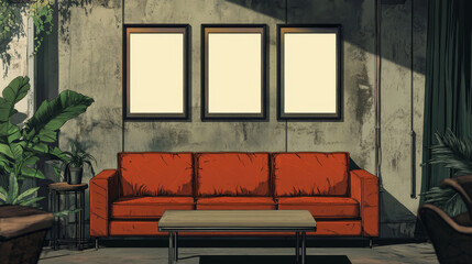 modern living room with table, couch, empty picture frames and industrial design with concrete walls 3d render illustration. 3D Illustration