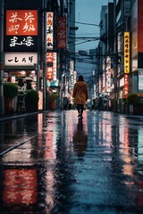 Obraz premium Woman walks down a street in a foreign city with many signs in a foreign language. The street is wet and the lights are on, creating a moody atmosphere