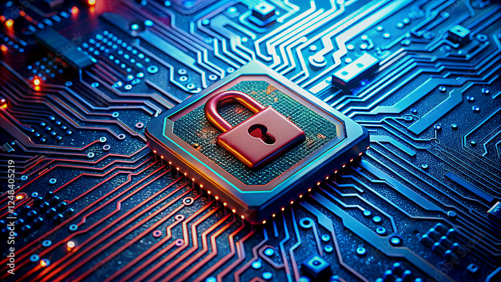 Poster secure data center circuit board with lock graphic