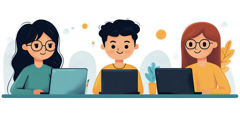 Three people working on laptops in creative coworking space, smiling