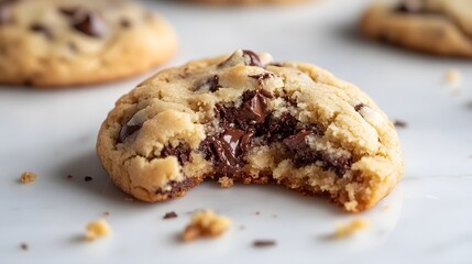 Close-up chocolate chip cookies on a marble background. 