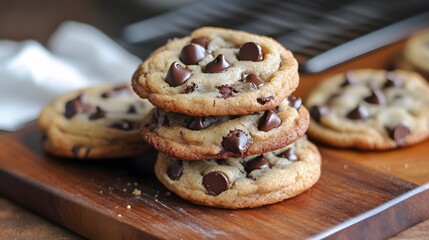 Freshly baked chocolate chip cookies on a wooden board.