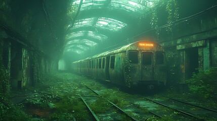 Naklejka premium Overgrown subway train in abandoned station