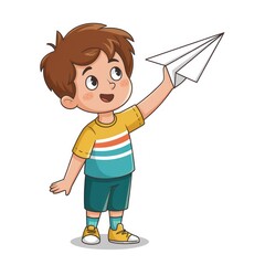 Happy boy playing with paper airplane