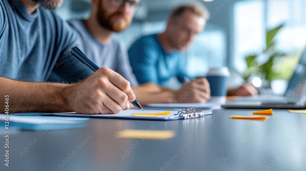 Poster close up view of diverse hands writing on colorful sticky notes during a collaborative office meetin