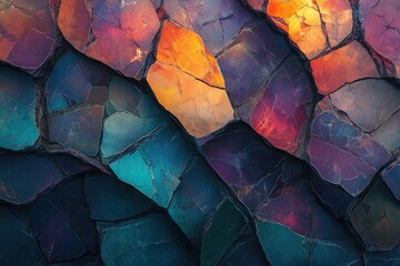 Abstract image of cracked, multicolored stone with vibrant hues of teal, purple, orange, and dark blues creating a textured pattern.