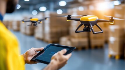 Automated Warehouse with Towering Shelves and Drone Technology A Futuristic Industrial Interior Showcasing Efficient Logistics and Distribution