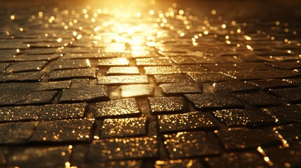 Golden Wet Cobblestone Street Glowing In Sunlight