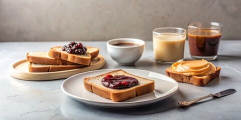 A delectable breakfast spread featuring slices of toasted bread, topped with fruit preserves and creamy nut butter, accompanied by a cup of coffee and a glass of milk