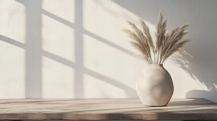 Beige Pampas Grass in Ceramic Vase with Soft Natural Light and Minimalist Wooden Table for Home Decor Inspiration
