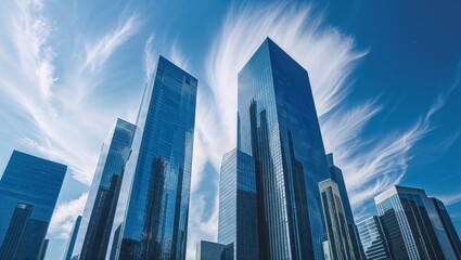 Fototapeta premium Stunning cityscape featuring a cluster of modern, high-rise office buildings with reflective glass and steel facades, rising towards the clouds, against a brilliant blue sky with only a few wispy whit