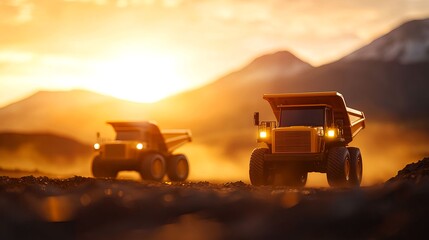 Fototapeta premium Yellow Dump Trucks at Sunset in Mountainous Landscape