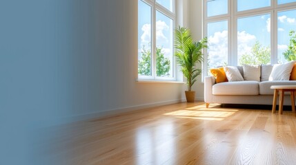 Fototapeta premium Bright and Airy Open Plan Living Area with Natural Sunlight Minimalist Furniture and Cozy Decor Elements for a Comfortable and Relaxing Home Interior