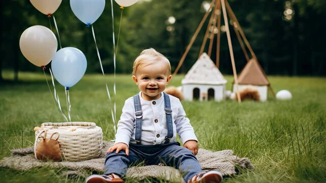 boy with balloons cake nature background first birthday